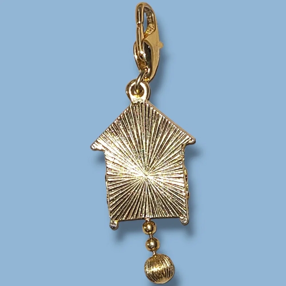 Vintage Clip-on Cuckoo Clock Charm Gold Tone Brown Enamel